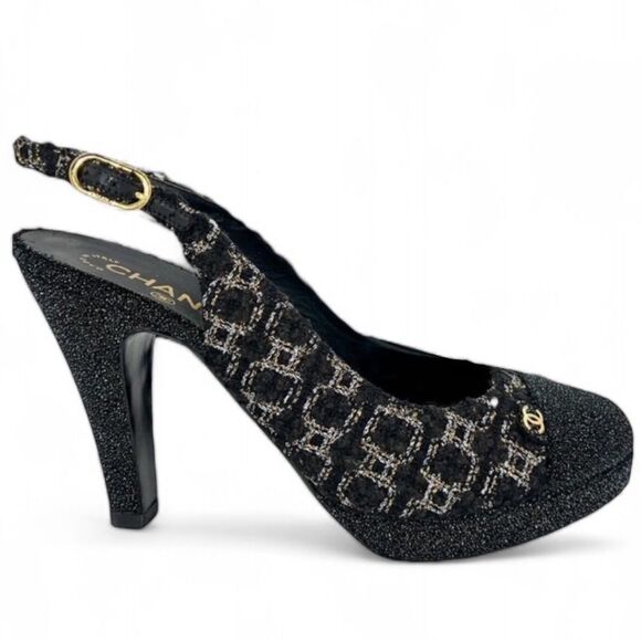 Authentic CHANEL Black CC Logo Cap Toe Block Heel Slingback Sandals Size… - Picture 1 of 14